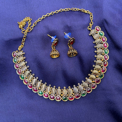 Antique Gold Plated Red & Green Stone Choker Necklace with Jhumka Earrings