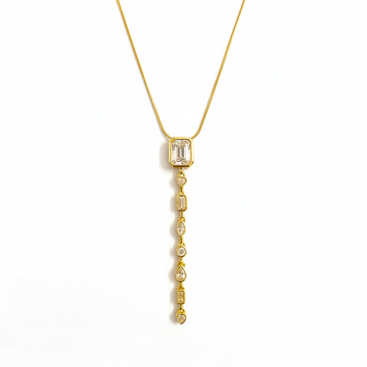 Clear Stone Vertical Drop Pendant Necklace – 18K Gold Plated