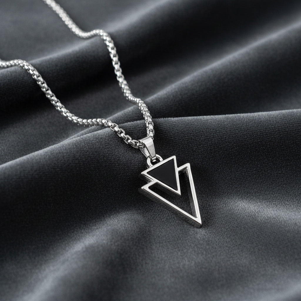 Double Triangle Pendant Necklace for Men - Black Enamel Geometric Design - Stainless Steel Chain