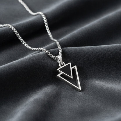 Double Triangle Pendant Necklace for Men - Black Enamel Geometric Design - Stainless Steel Chain