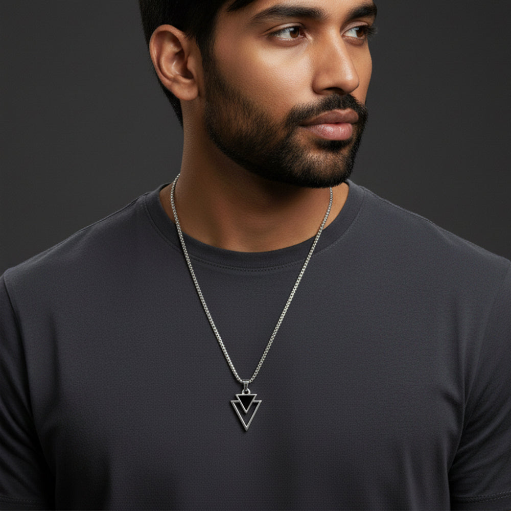 Double Triangle Pendant Necklace for Men - Black Enamel Geometric Design - Stainless Steel Chain