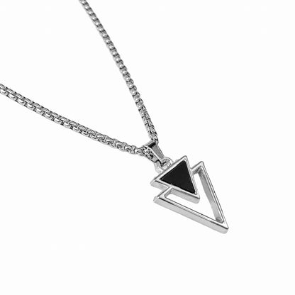 Double Triangle Pendant Necklace for Men - Black Enamel Geometric Design - Stainless Steel Chain