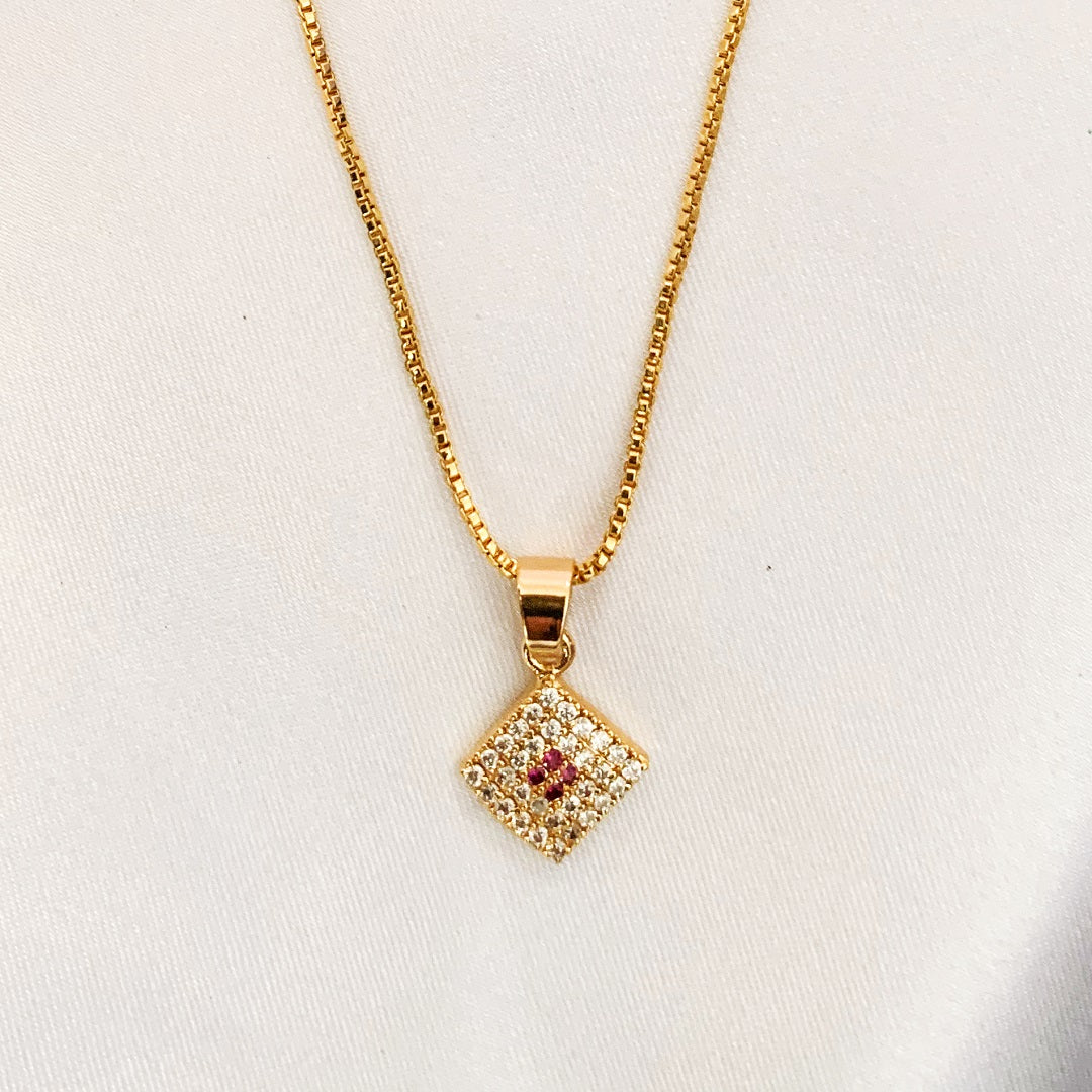 Elegant Gold-Plated Square Pendant Necklace with Ruby Zirconia | Stylish Jewellery for Women & Girls