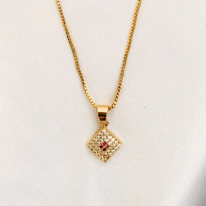 Elegant Gold-Plated Square Pendant Necklace with Ruby Zirconia | Stylish Jewellery for Women & Girls