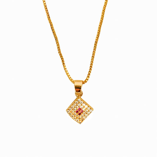 Elegant Gold-Plated Square Pendant Necklace with Ruby Zirconia | Stylish Jewellery for Women & Girls