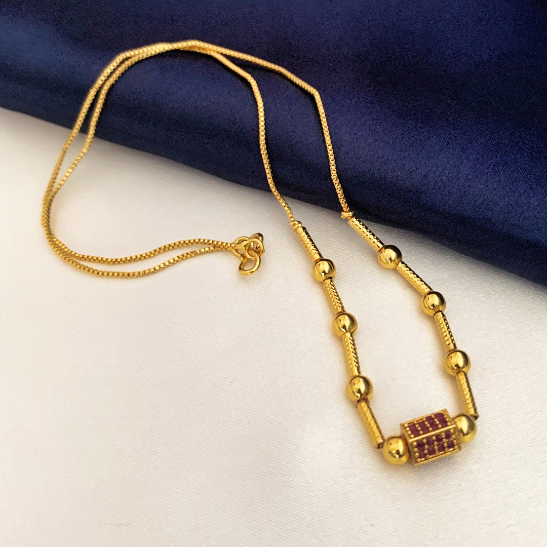 Gold-Plated Beaded Chain Necklace with Rectangular Red Stone Pendant