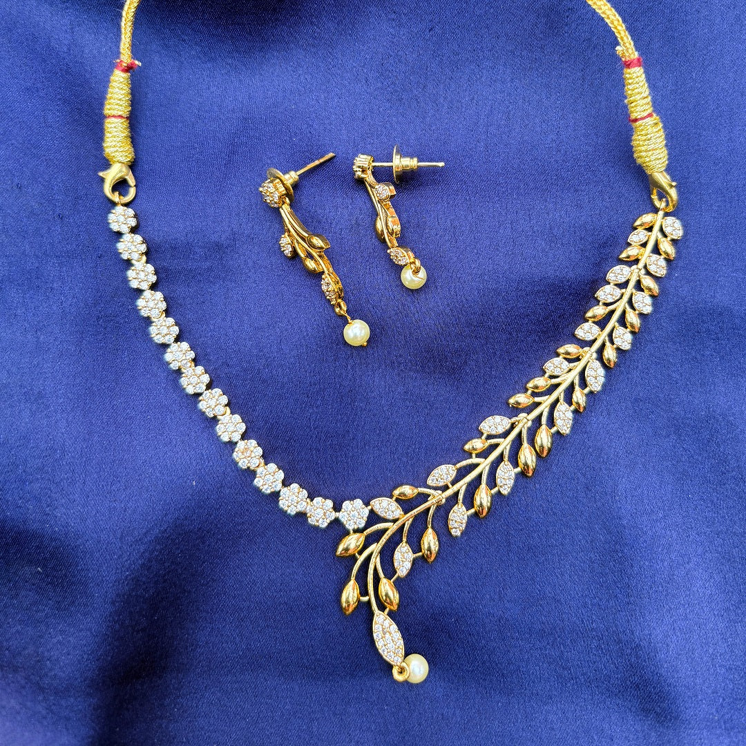 Gold Plated Floral Leaf Design Necklace with CZ Stones & Pearl Drops