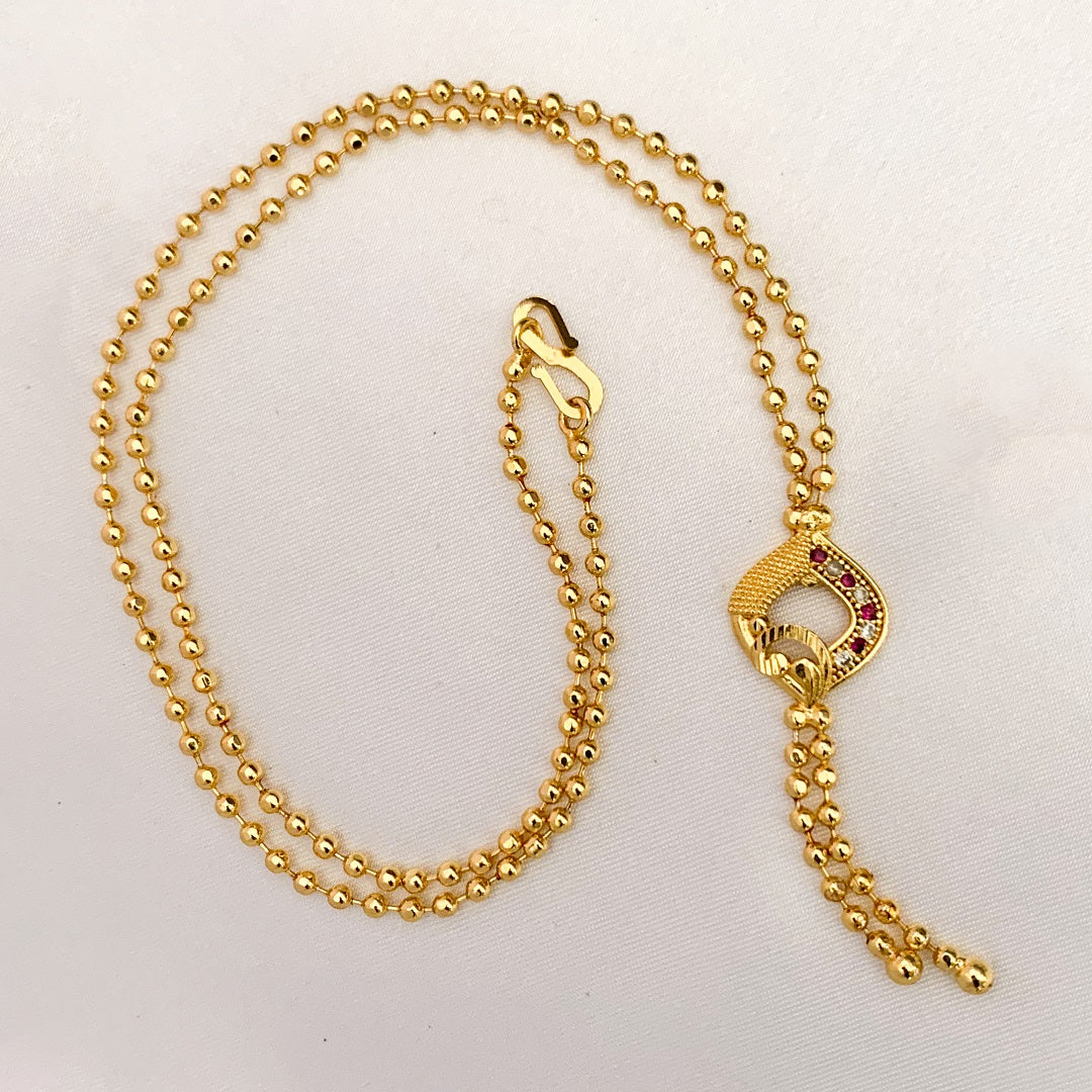 Gold Plated Ball Chain with Ruby & White Stone Pendant for Women and Girls