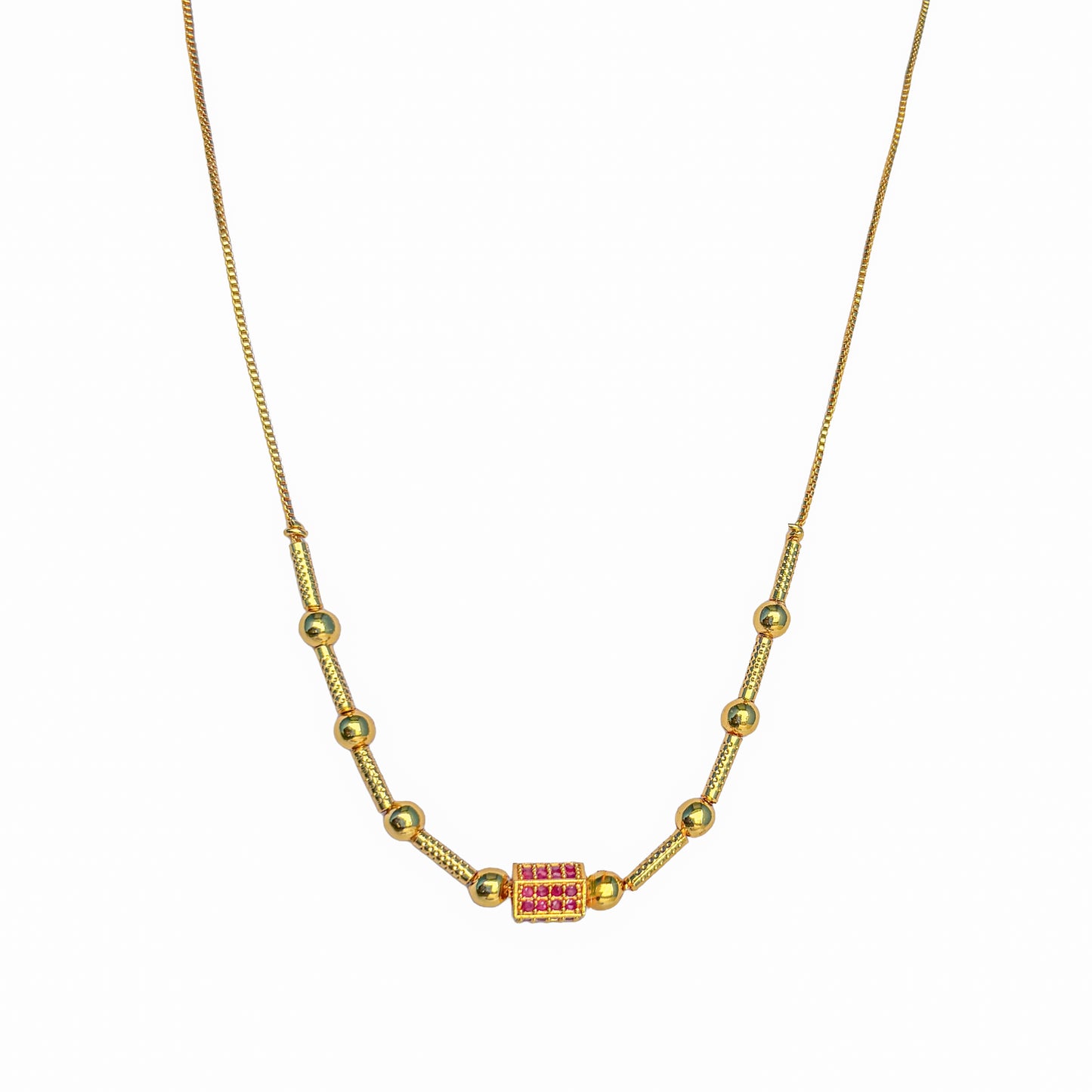 Gold-Plated Beaded Chain Necklace with Rectangular Red Stone Pendant