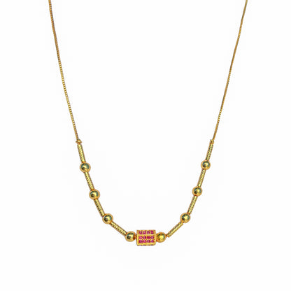 Gold-Plated Beaded Chain Necklace with Rectangular Red Stone Pendant