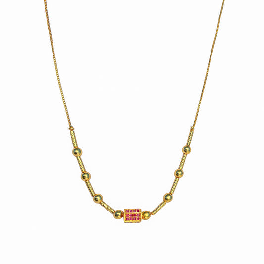 Gold-Plated Beaded Chain Necklace with Rectangular Red Stone Pendant