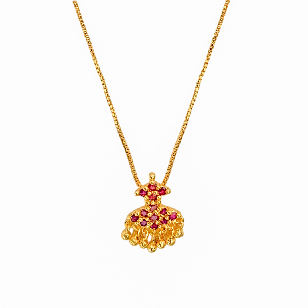 Gold-Plated Floral Pendant Necklace with Ruby Red Stones & Dangling Beads | Traditional Indian Jewelry