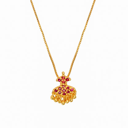 Gold-Plated Floral Pendant Necklace with Ruby Red Stones & Dangling Beads | Traditional Indian Jewelry