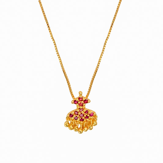 Gold-Plated Floral Pendant Necklace with Ruby Red Stones & Dangling Beads | Traditional Indian Jewelry