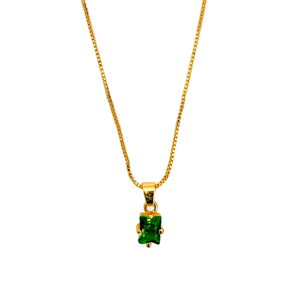 Gold-Plated Box Chain Necklace with Rectangle Green CZ Pendant | Elegant Women’s Jewelry