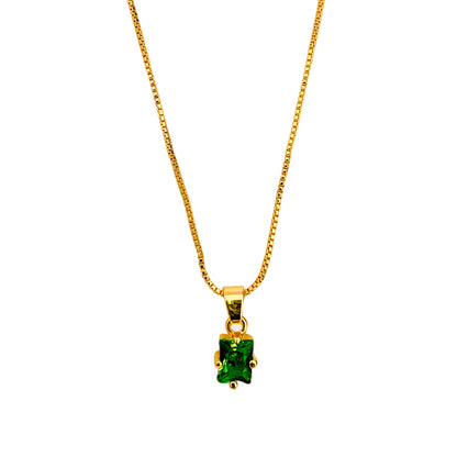 Gold-Plated Box Chain Necklace with Rectangle Green CZ Pendant | Elegant Women’s Jewelry