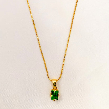 Gold-Plated Box Chain Necklace with Rectangle Green CZ Pendant | Elegant Women’s Jewelry