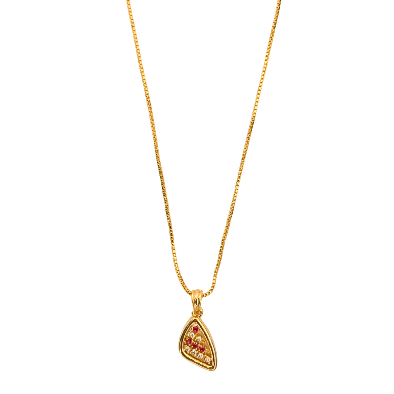 Gold-Plated Necklace with Triangular Red & White Stone Pendant