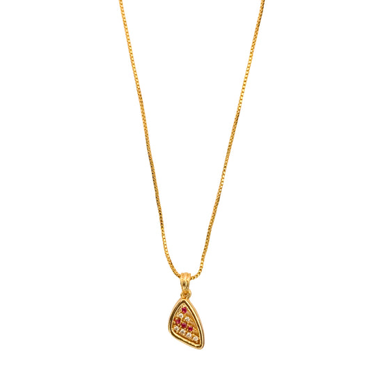 Gold-Plated Necklace with Triangular Red & White Stone Pendant
