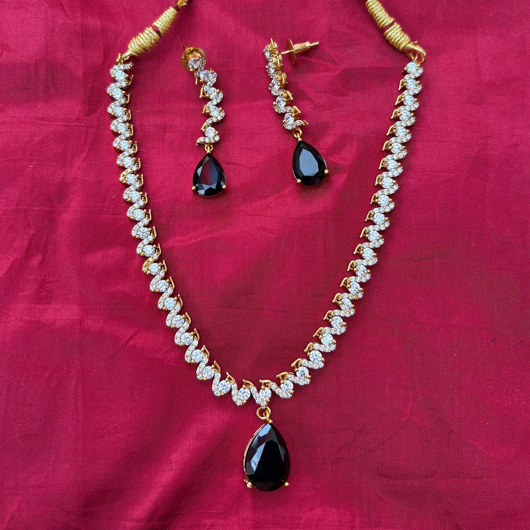 Gold-Plated CZ Necklace Set with Black Teardrop Pendant & Earrings