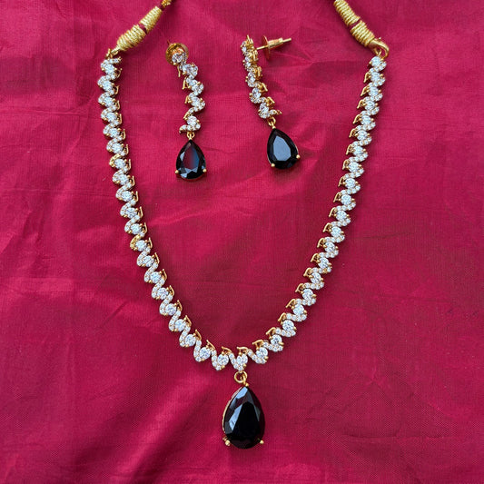 Gold-Plated CZ Necklace Set with Black Teardrop Pendant & Earrings