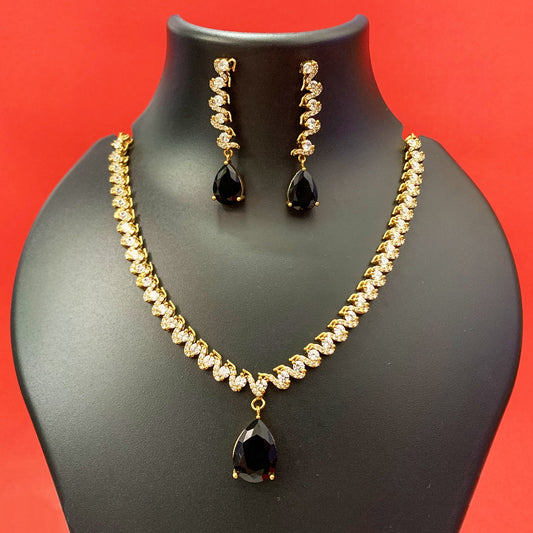 Gold-Plated CZ Necklace Set with Black Teardrop Pendant & Earrings