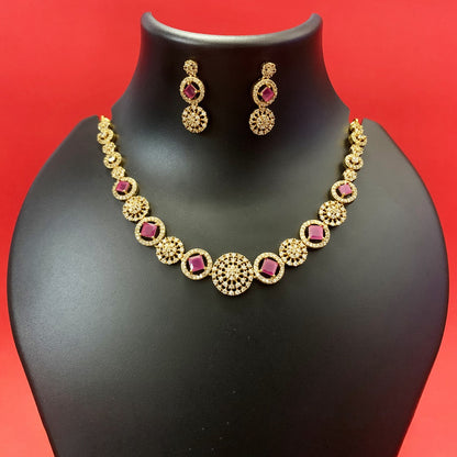 Gold-Plated CZ Necklace Set with Ruby Pink Stones & Earrings