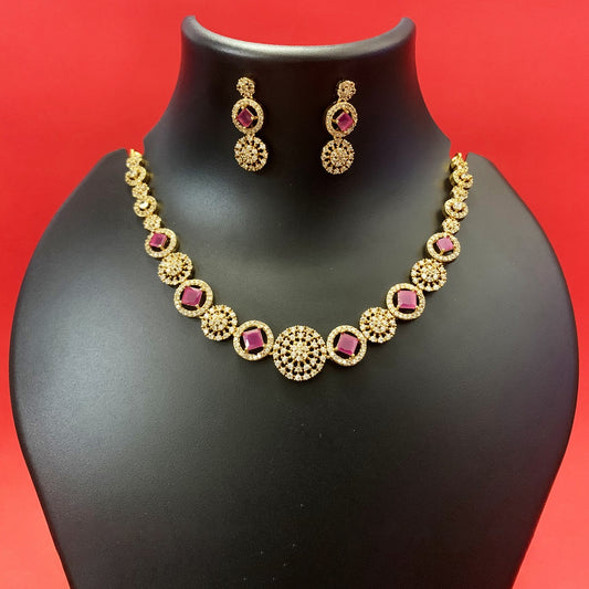 Gold-Plated CZ Necklace Set with Ruby Pink Stones & Earrings