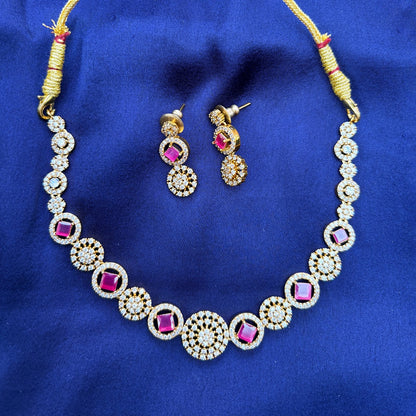 Gold-Plated CZ Necklace Set with Ruby Pink Stones & Earrings