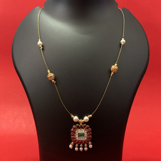 Gold-Plated Emerald & Pearl Beaded Invisible Necklace - Traditional Invisible Indian Temple Jewelry
