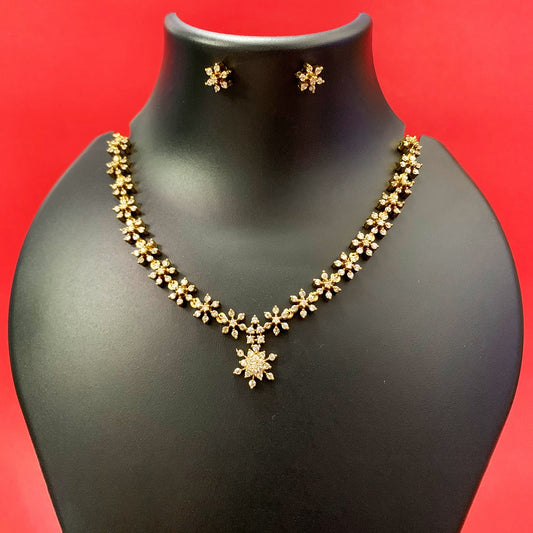 Gold Plated Floral CZ Stone Necklace Set with Star Pendant & Earrings