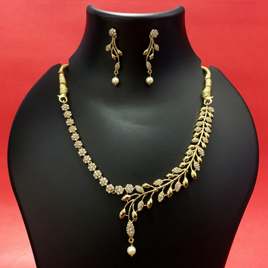 Gold Plated Floral Leaf Design Necklace with CZ Stones & Pearl Drops