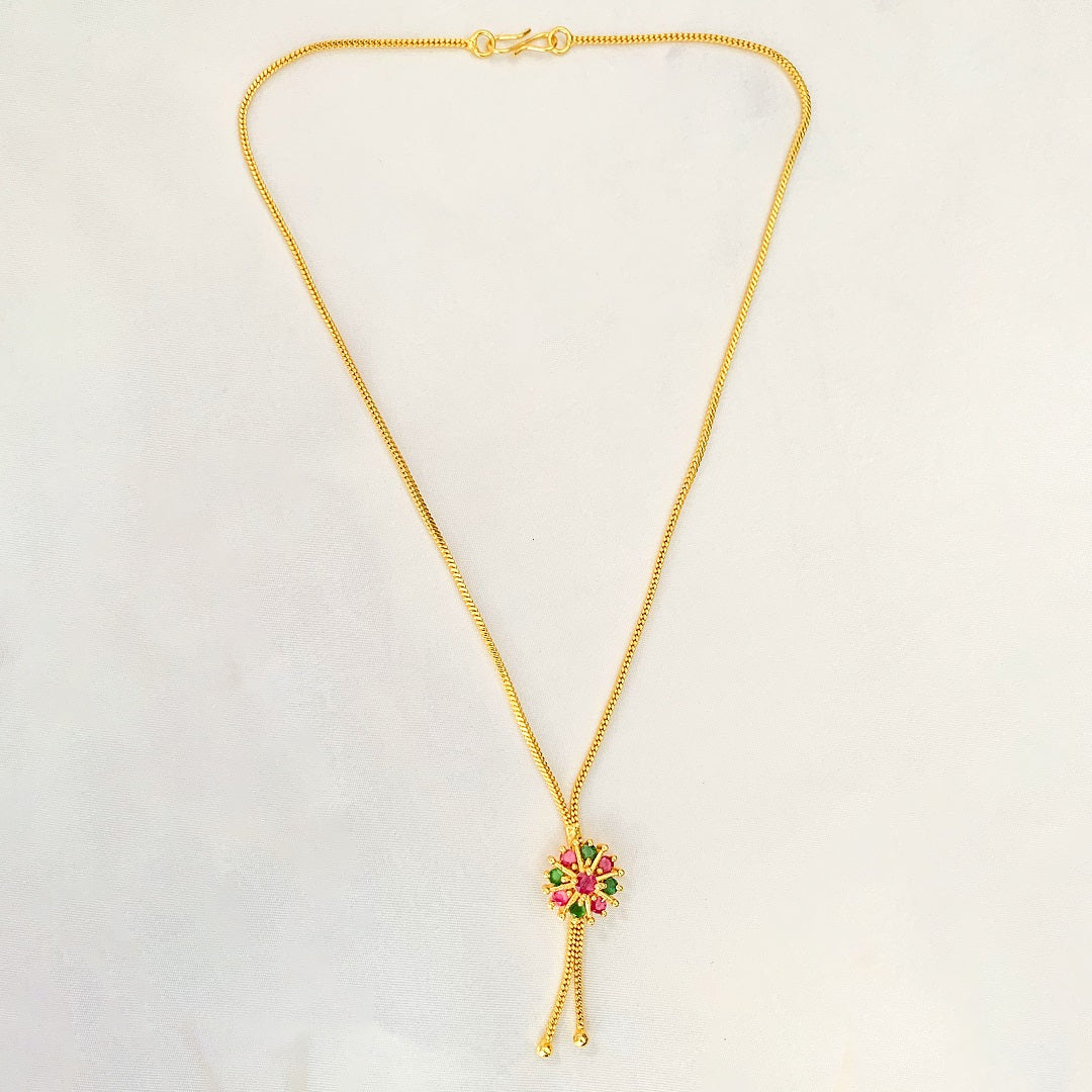 Gold-Plated Necklace with Floral Pendant | Ruby & Emerald Stone Jewelry for Women & Girls