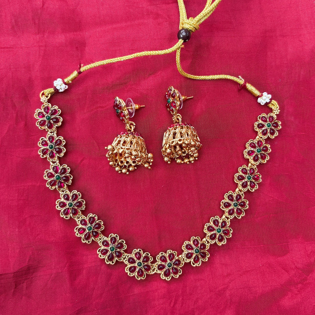 Gold-Plated Floral Necklace Set with Ruby & Green Stones and Jhumka Earrings
