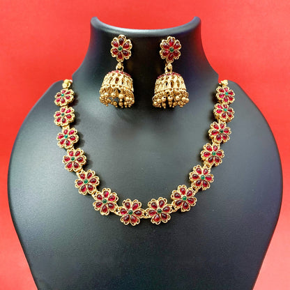 Gold-Plated Floral Necklace Set with Ruby & Green Stones and Jhumka Earrings