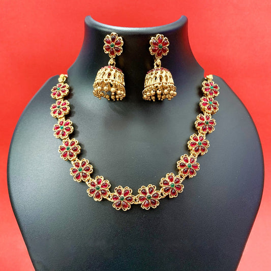 Gold-Plated Floral Necklace Set with Ruby & Green Stones and Jhumka Earrings