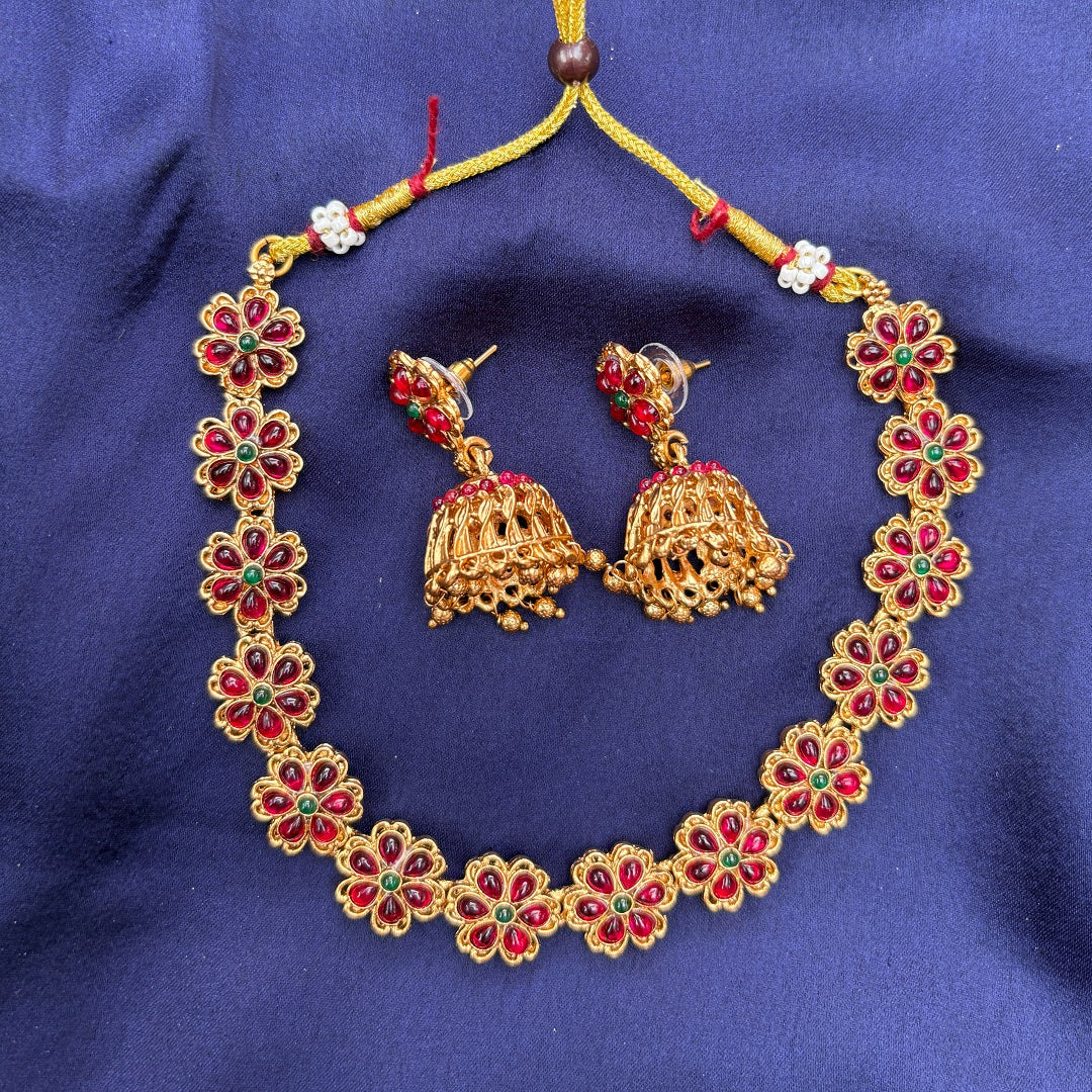 Gold-Plated Floral Necklace Set with Ruby & Green Stones and Jhumka Earrings