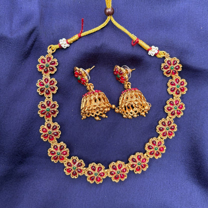 Gold-Plated Floral Necklace Set with Ruby & Green Stones and Jhumka Earrings