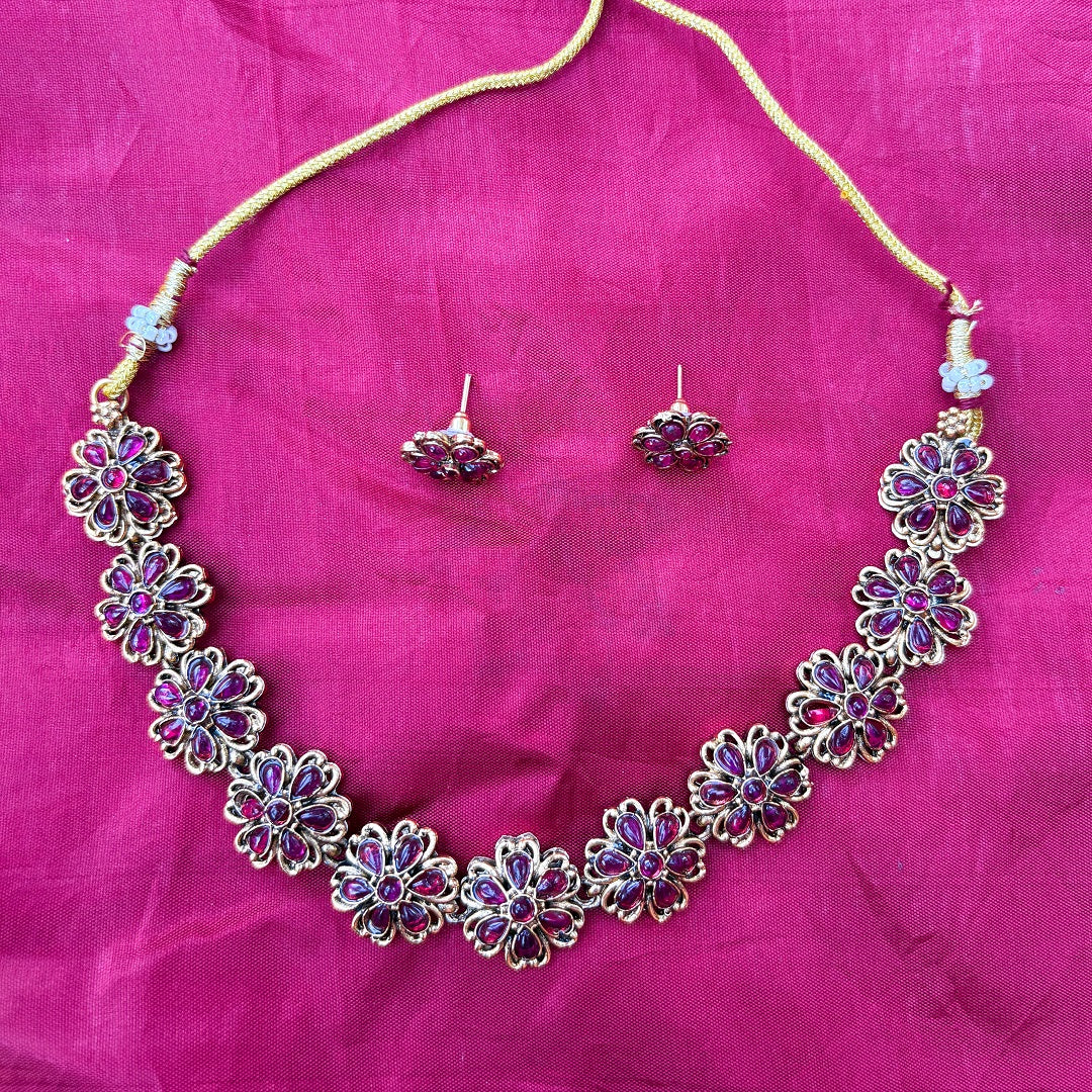 Gold-Plated Floral Necklace Set with Ruby Stones & Earrings