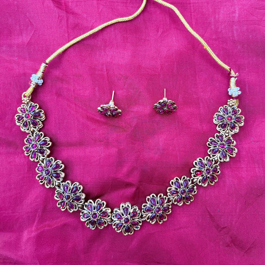 Gold-Plated Floral Necklace Set with Ruby Stones & Earrings
