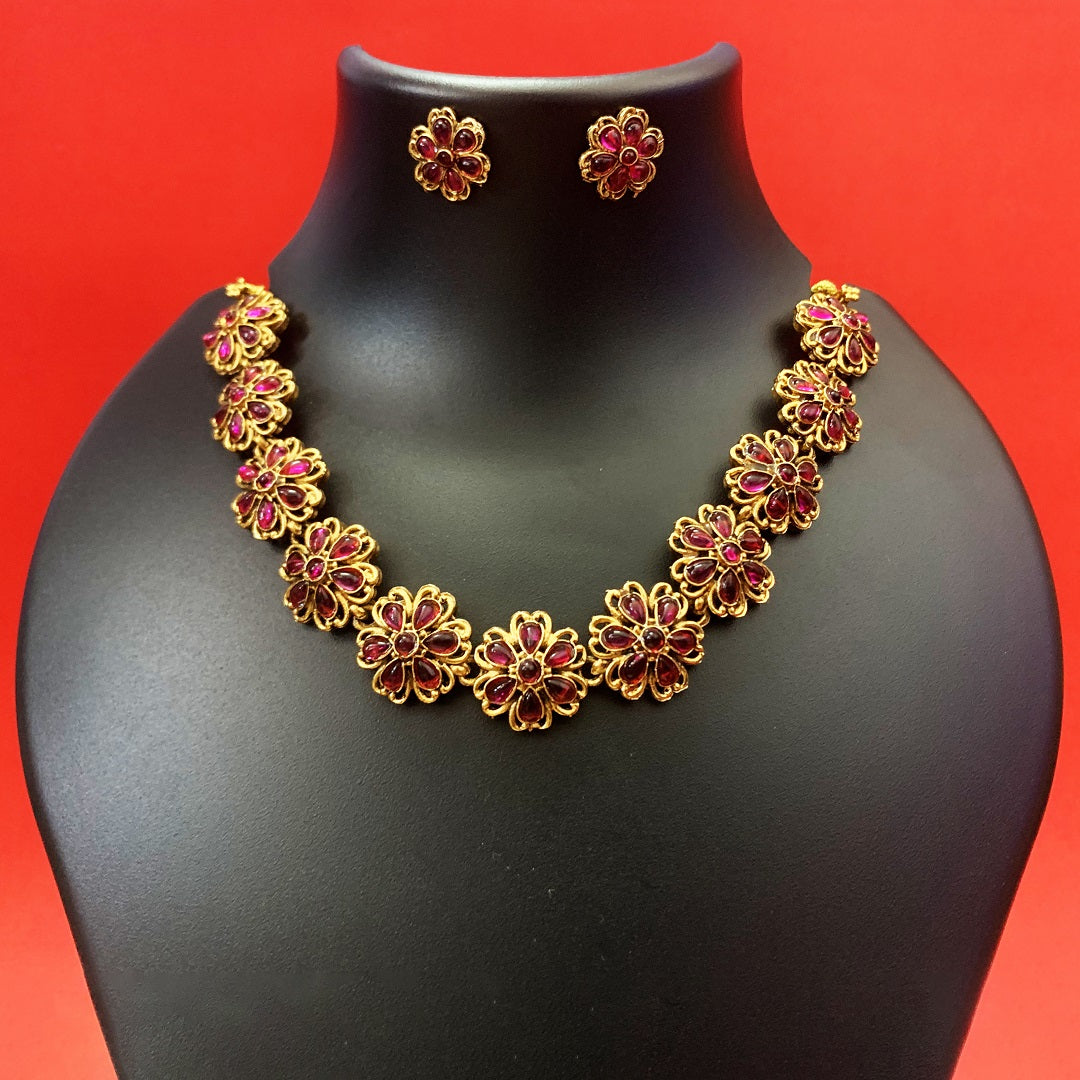 Gold-Plated Floral Necklace Set with Ruby Stones & Earrings