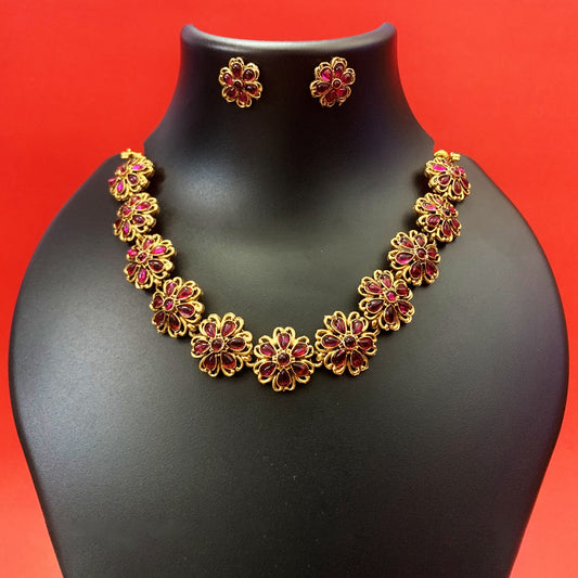 Gold-Plated Floral Necklace Set with Ruby Stones & Earrings