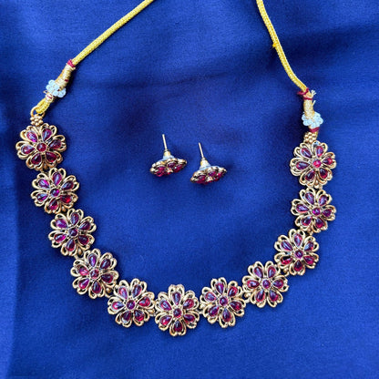 Gold-Plated Floral Necklace Set with Ruby Stones & Earrings