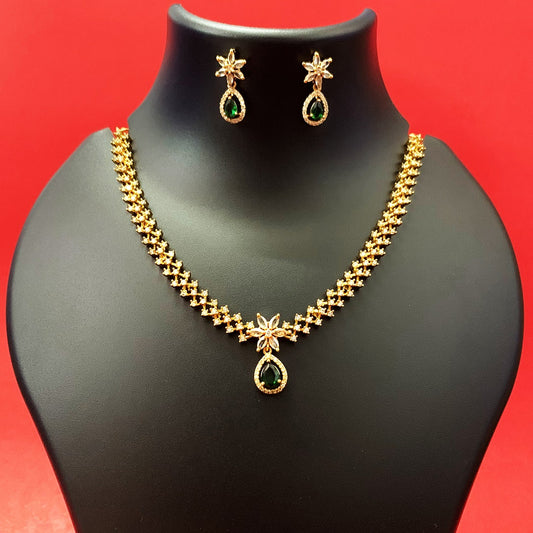 Gold-Plated Floral Necklace Set with Green Stone & Earrings | Traditional CZ Jewellery for Women & Girls