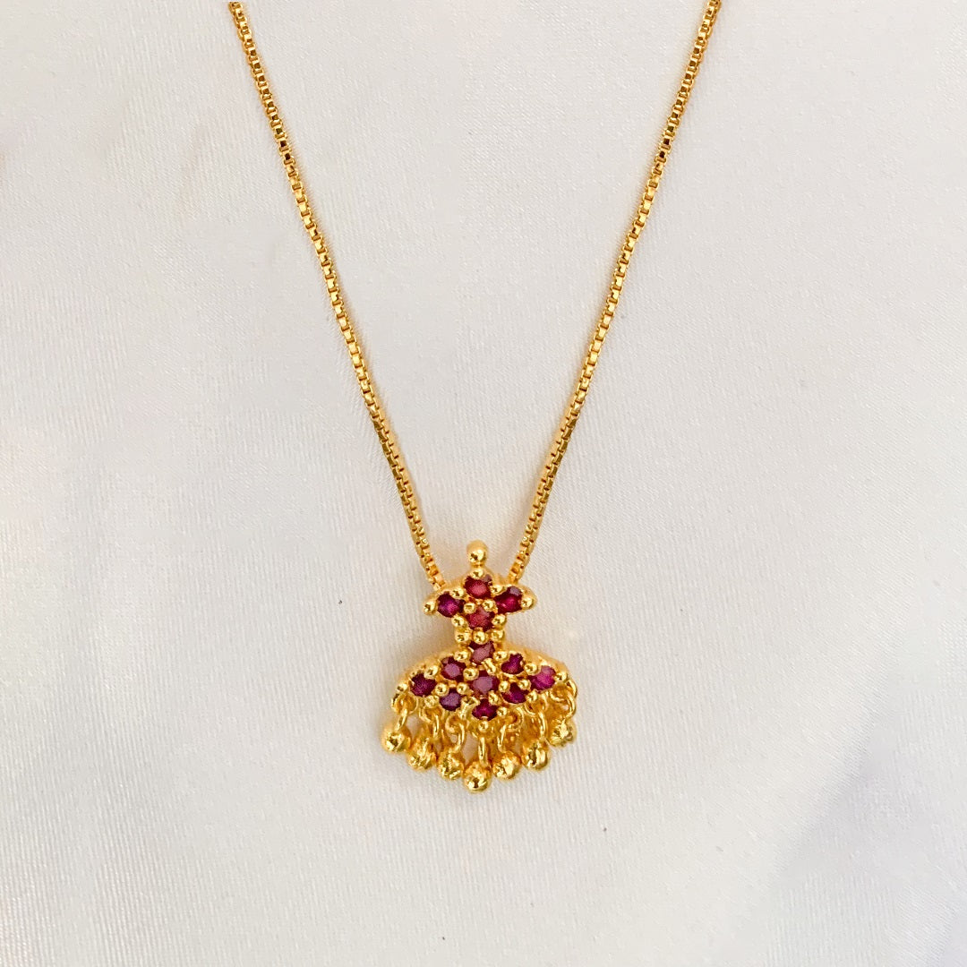 Gold-Plated Floral Pendant Necklace with Ruby Red Stones & Dangling Beads | Traditional Indian Jewelry