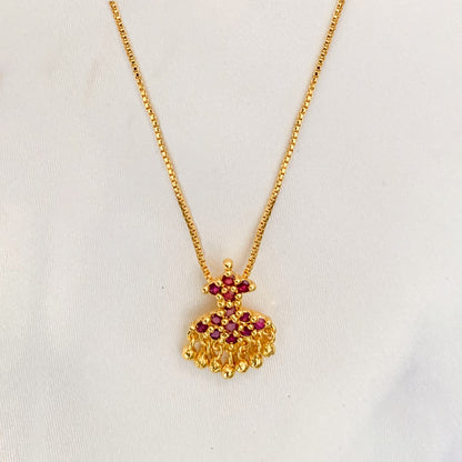 Gold-Plated Floral Pendant Necklace with Ruby Red Stones & Dangling Beads | Traditional Indian Jewelry