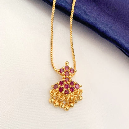 Gold-Plated Floral Pendant Necklace with Ruby Red Stones & Dangling Beads | Traditional Indian Jewelry