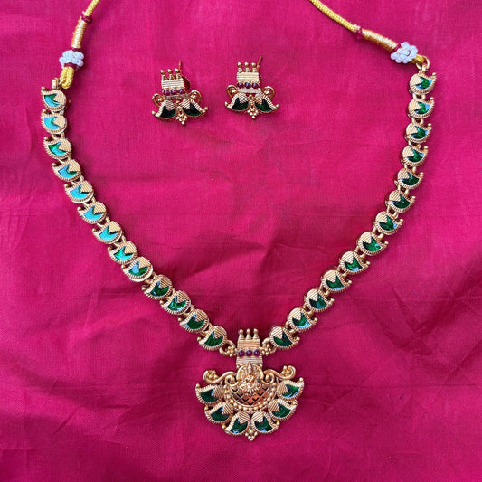 Gold-Plated Kemp Mango Mala Necklace with Green Stones & Lakshmi Pendant – Earrings Included