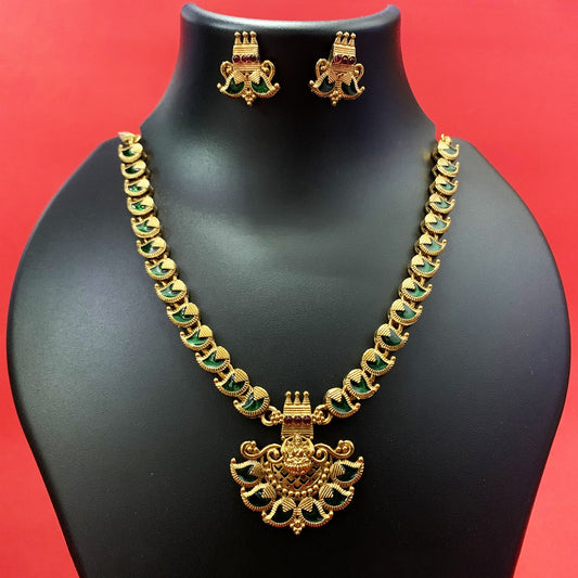 Gold-Plated Kemp Mango Mala Necklace with Green Stones & Lakshmi Pendant – Earrings Included