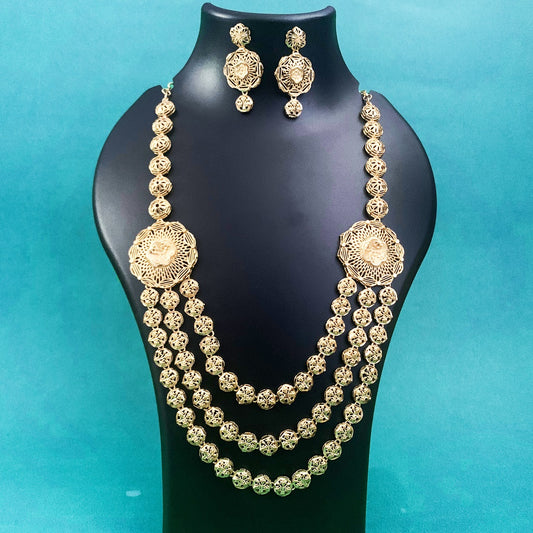 Gold-Plated Long Layered Necklace Set with Earrings | Traditional Filigree Jewelry for Women & Girls